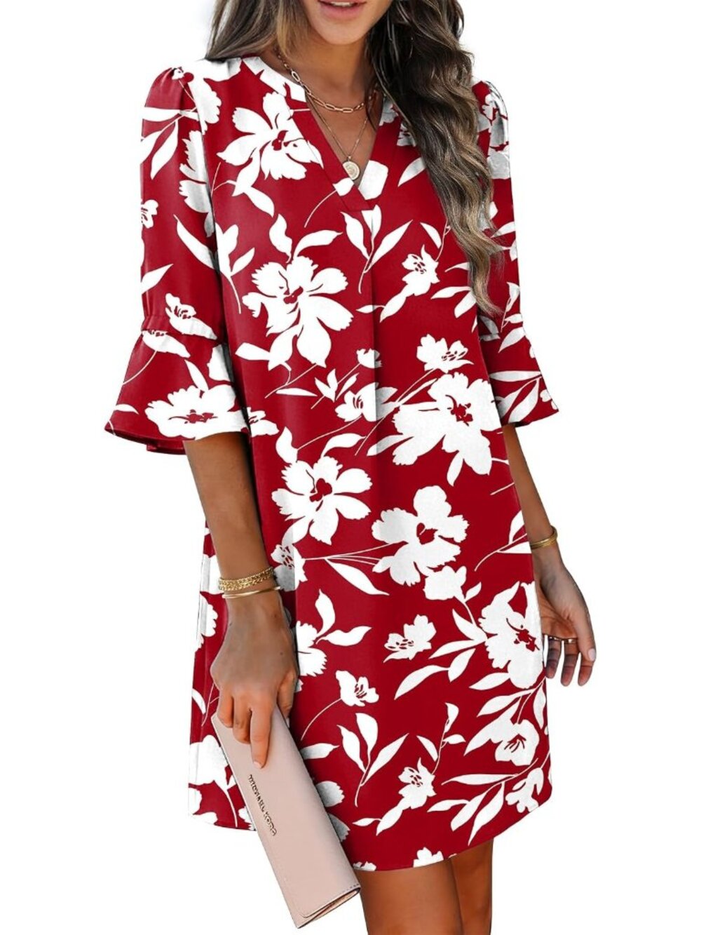 〽️Women's Red Floral Shift Dress V Neck Ruffle Sleeve Summer Dress with Pockets